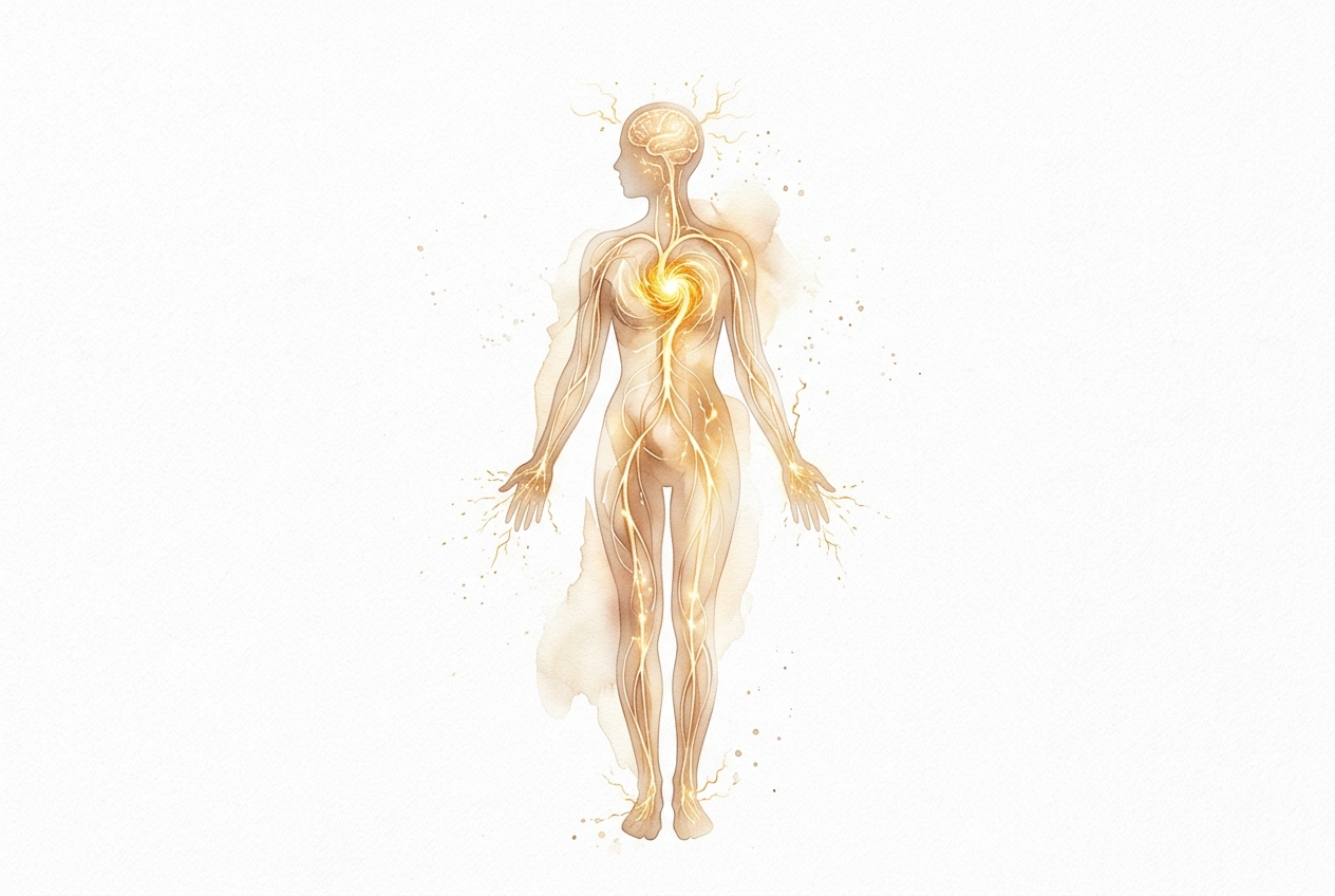 Ilustração médica artística em aquarela mostrando o sistema nervoso humano e o fluxo elétrico de energia