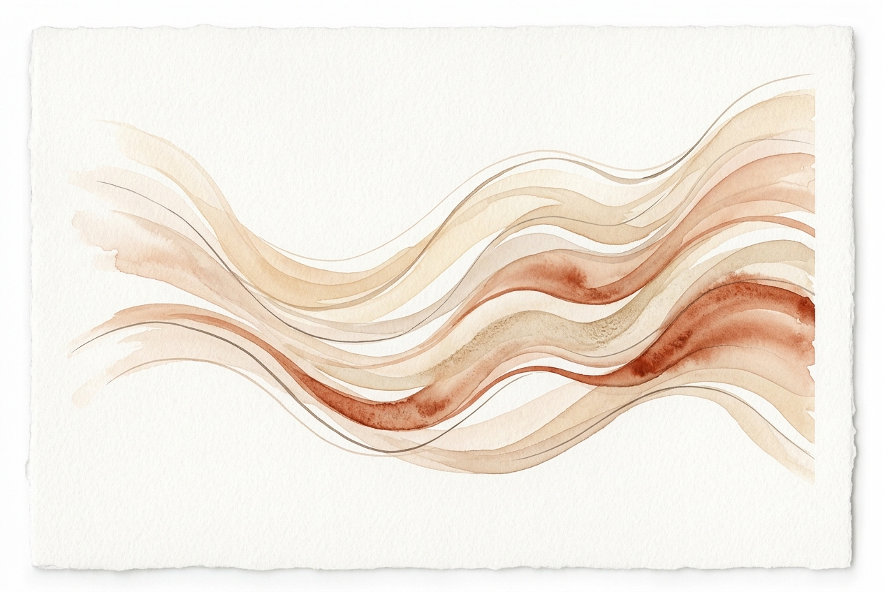 Ilustração abstrata em aquarela representando ondas de respiração, movimento e som em tons pastéis