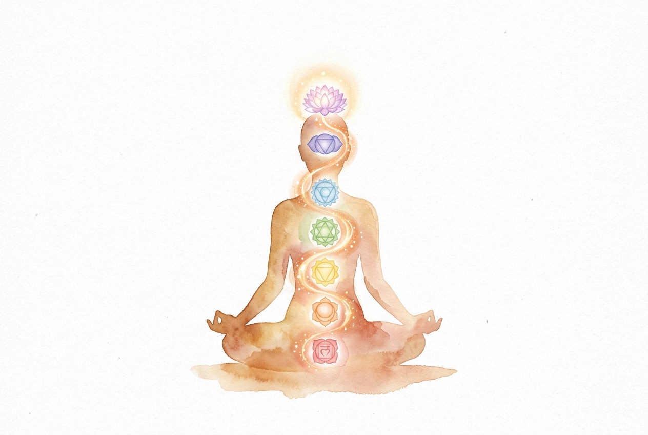Ilustração em aquarela de uma silhueta em meditação com a representação sutil dos 7 chakras e a espiral ascendente da Kundalini